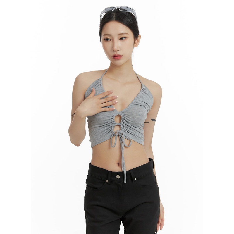 Halter Neck Shirred Crop Tank Top CF429