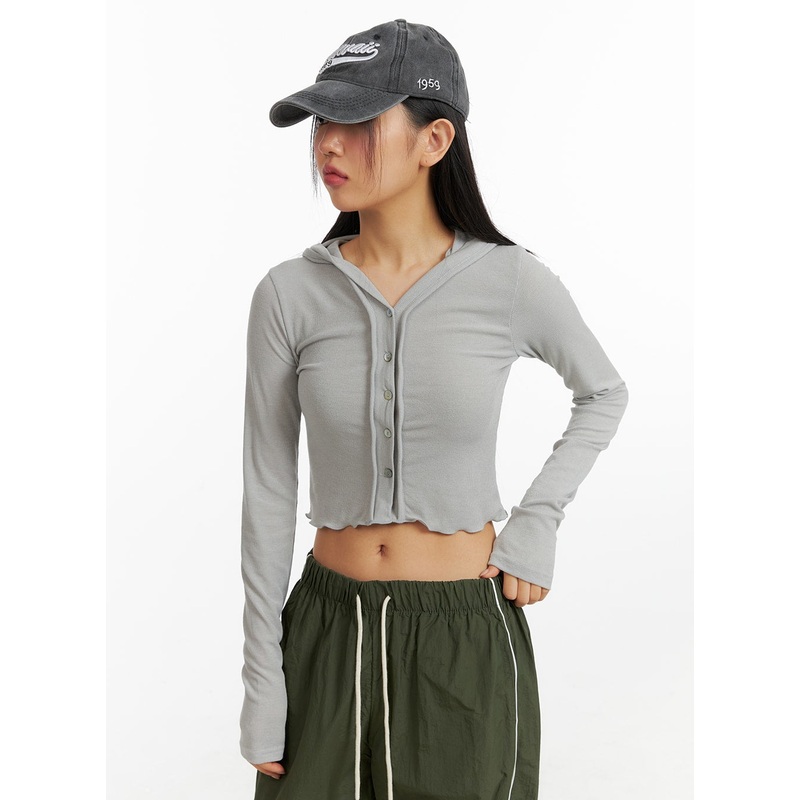 Hooded Button Crop Top CF414|Gray|Light beige|Black|S/M