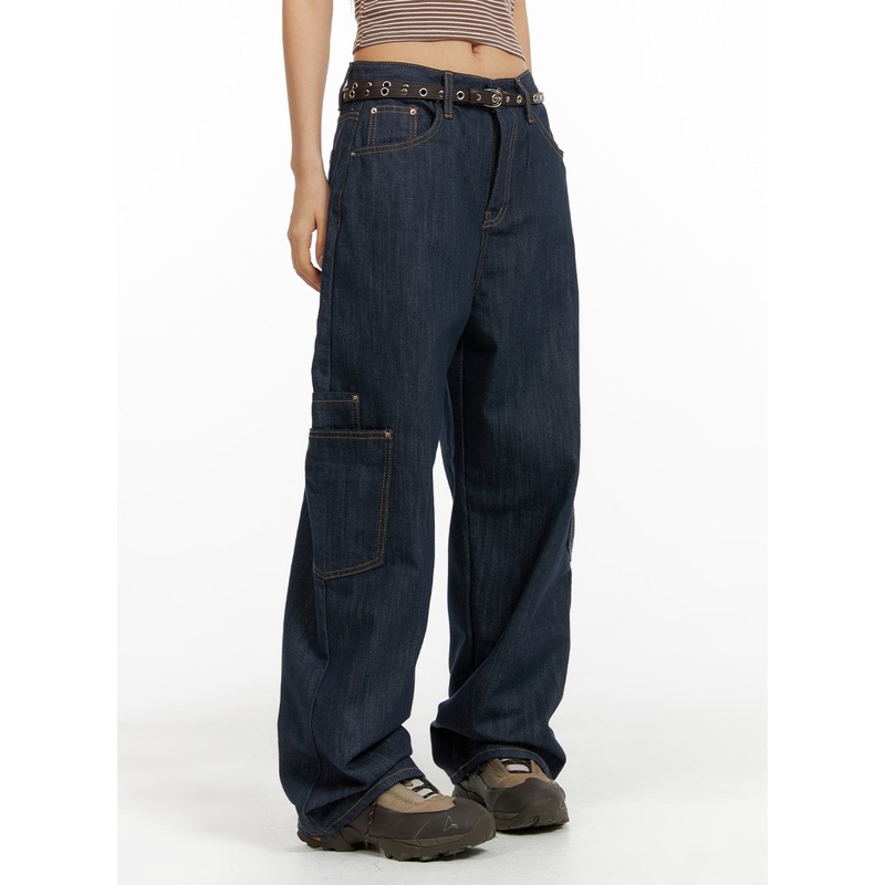 Pocketed Denim Wide Leg Jeans CF423