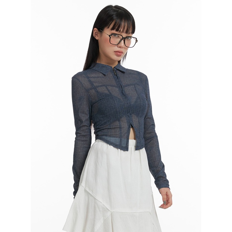 Sheer Zip-Up Crop Denim Jacket IF423