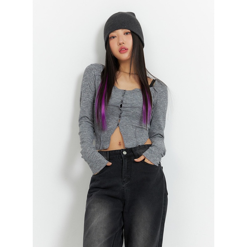 Slit Buttoned Crop Top IM405|Dark gray|Light gray|Black|S/M