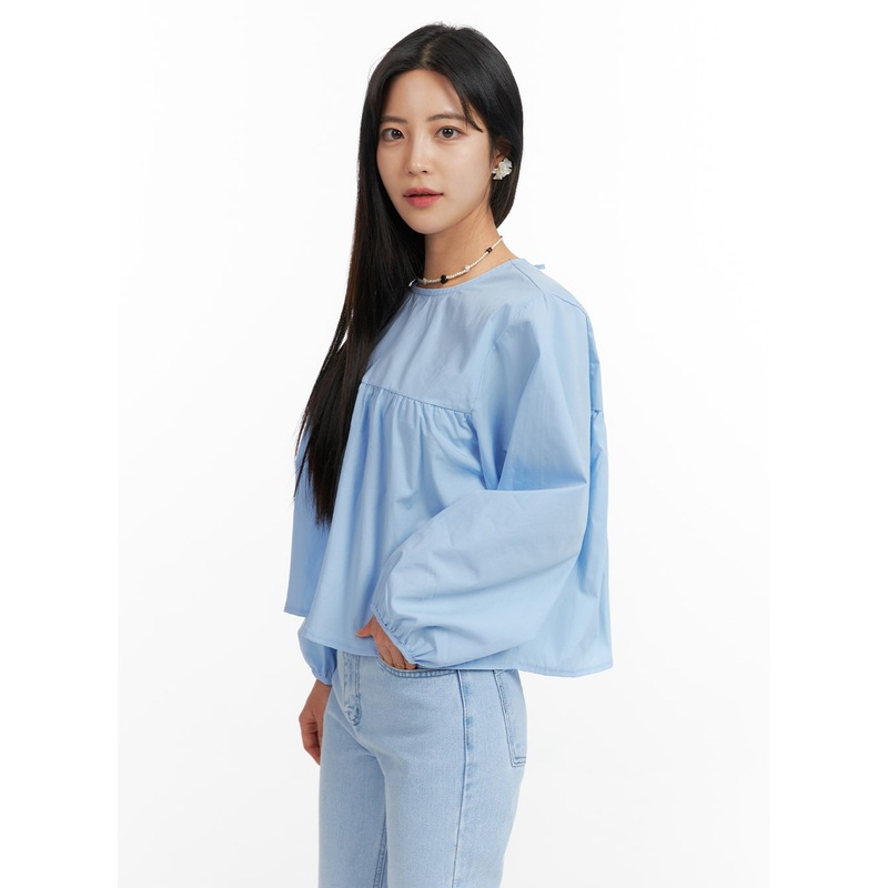 Solid Round Neck Long Sleeve Blouse OF420