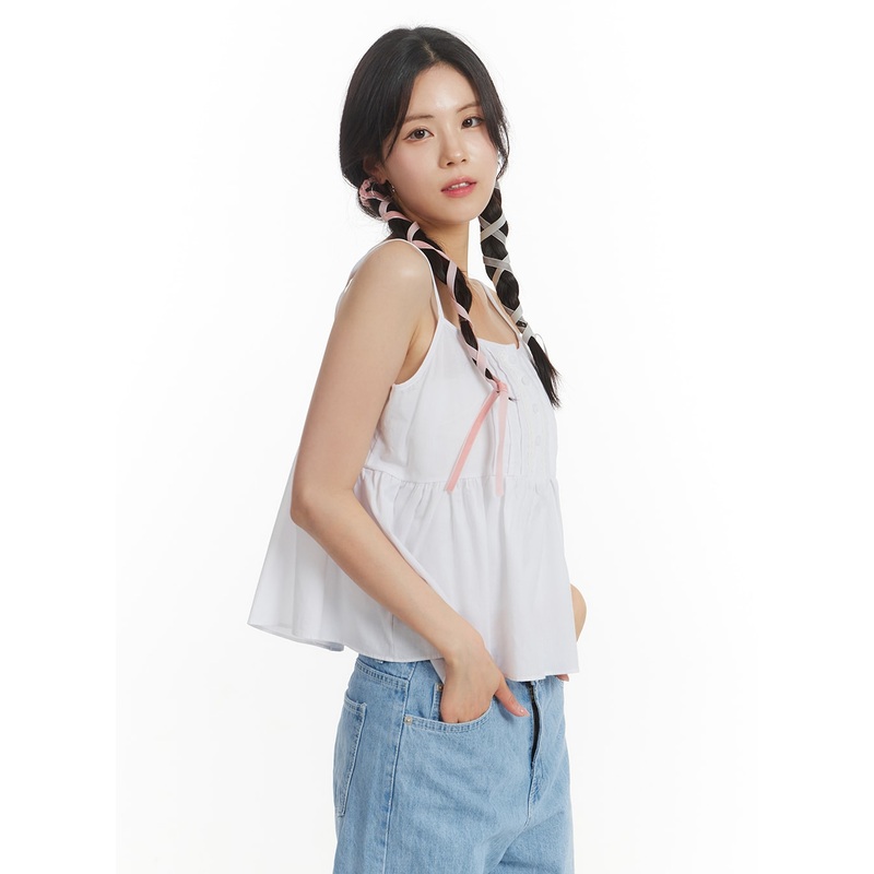Solid Ruffle Hem Button-Up Cami Top OM406