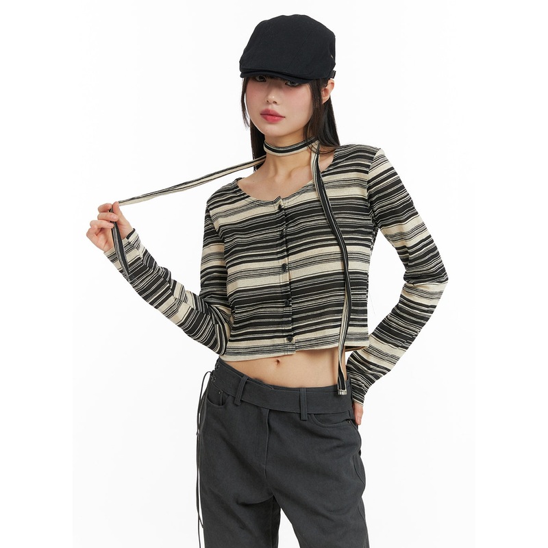 Striped Button Cardigan with Scarf CF423