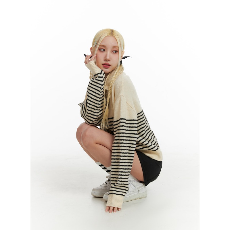 Striped Collar Knit Polo Top IF408