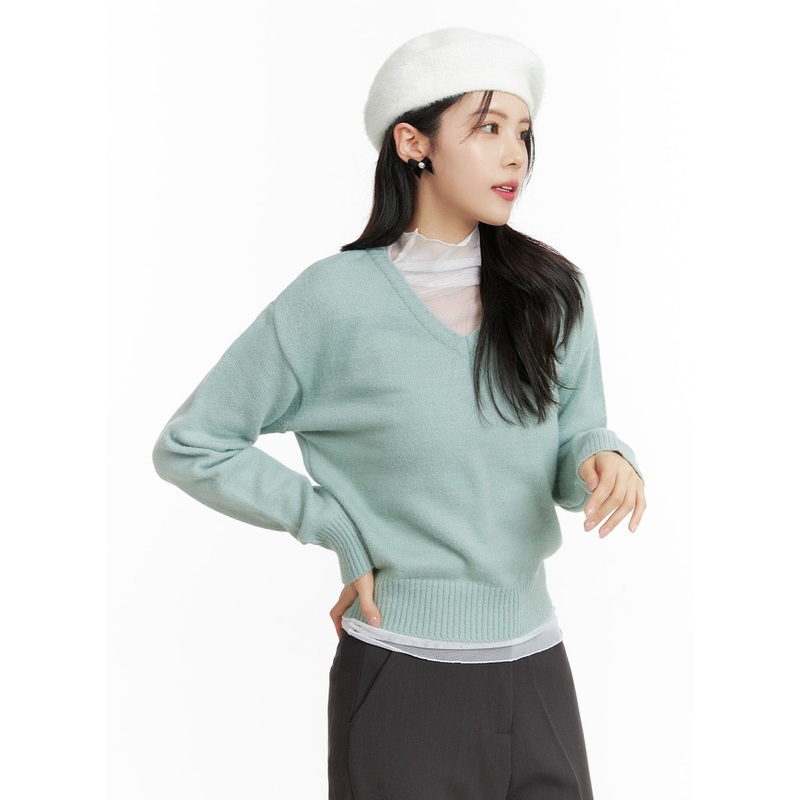 V-Neck Knit Sweater OF408|Mint|Light blue|Gray|Pink|S/M