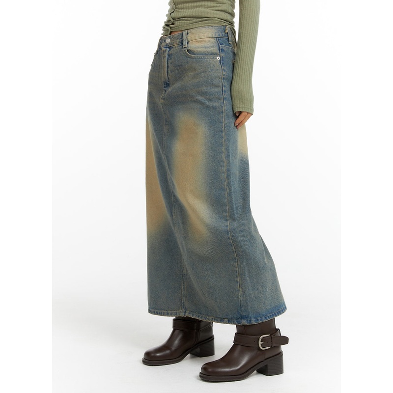 Washed Denim A-Line Maxi Skirt CF419