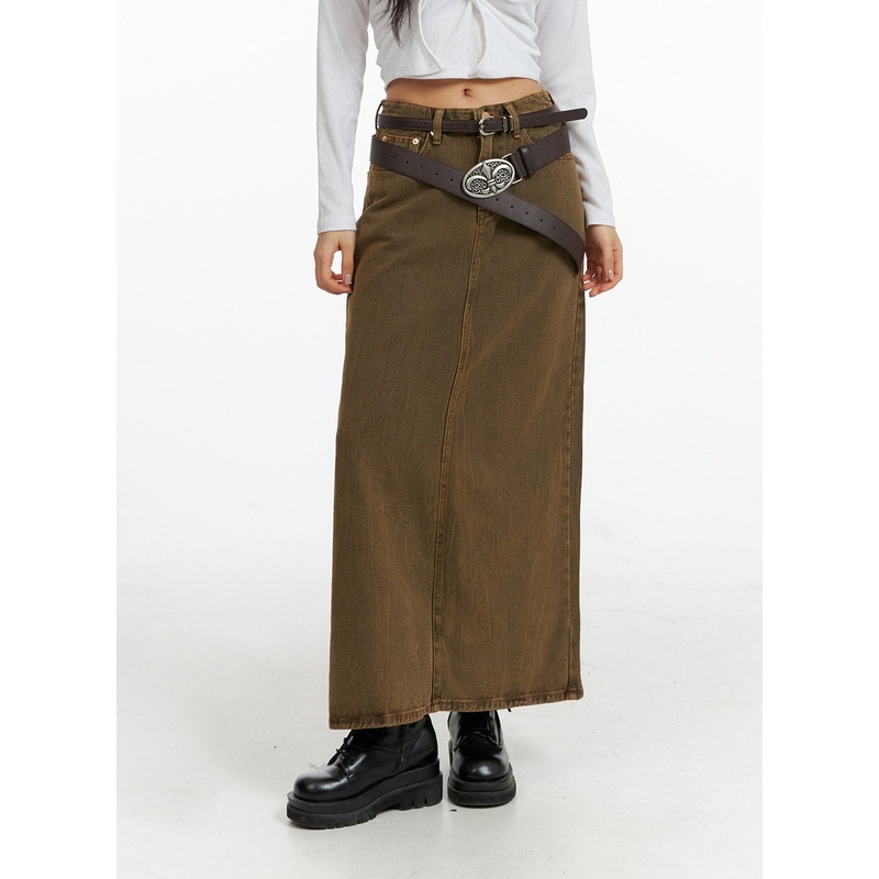 Washed Denim Maxi Skirt CF407|Brown|Dark blue|S|M