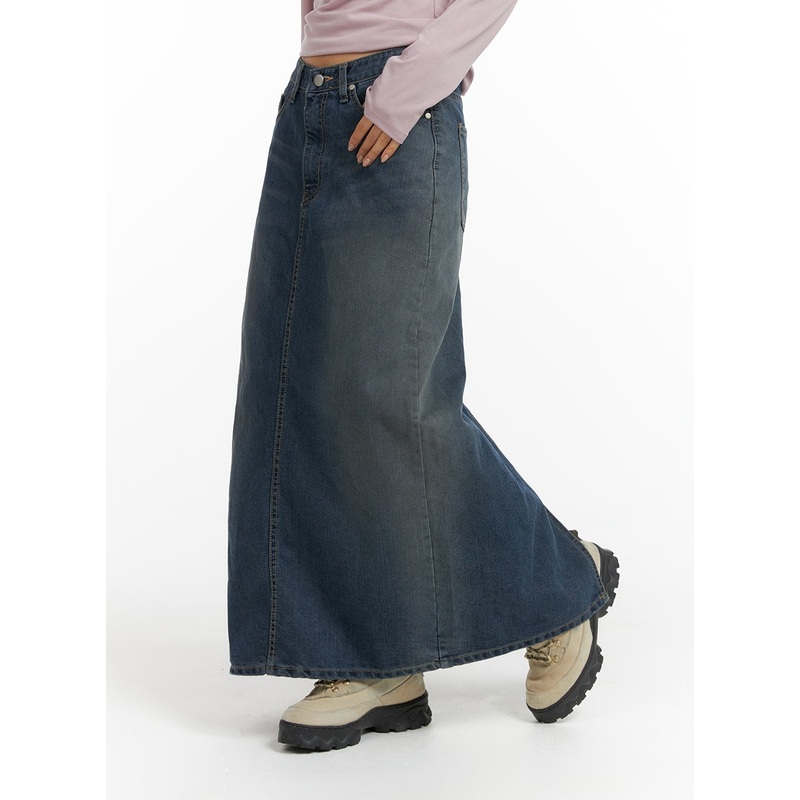 Washed Denim Maxi Skirt CF419|Dark blue|S|M|L