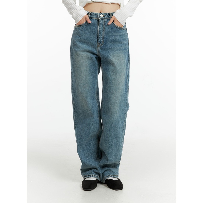 Washed Denim Straight Leg Jeans OF414