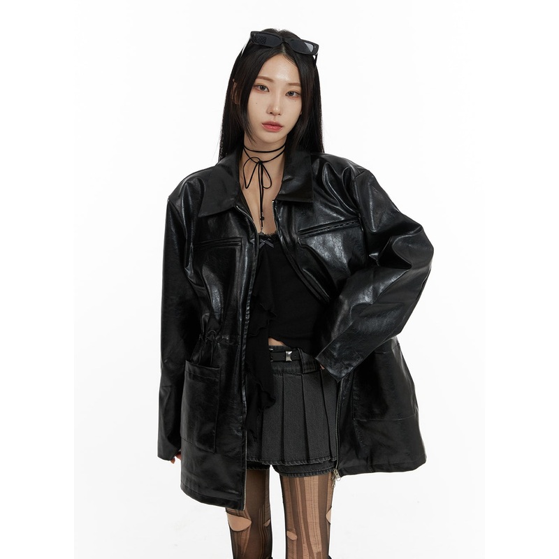 Zip-Up Faux Leather Midi Coat CF429