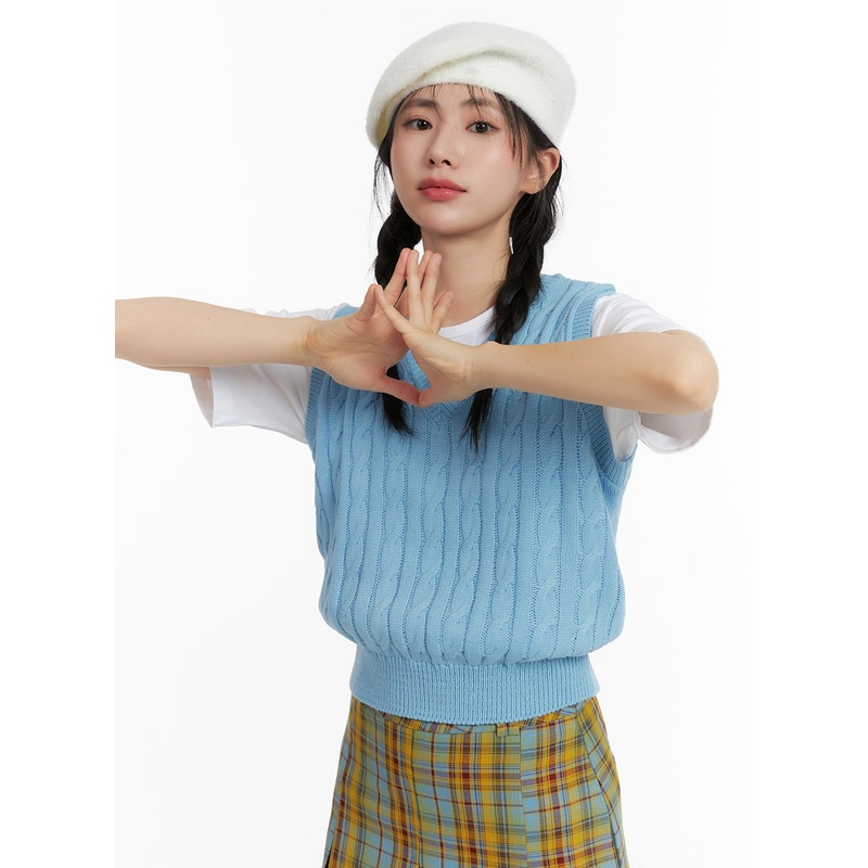 Cable Knit Sweater Vest OM408|Blue|Gray|Dark blue|S/M
