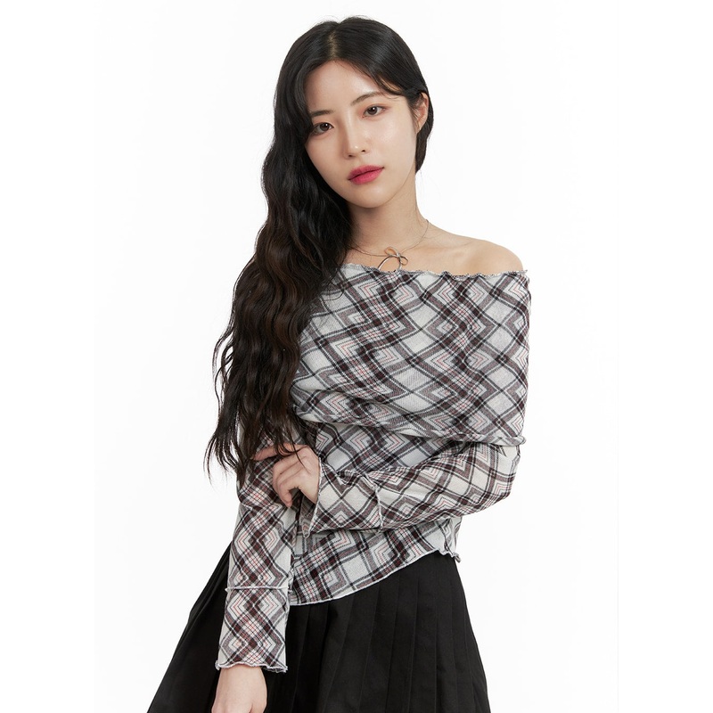 Checked Off-Shoulder Top OM422