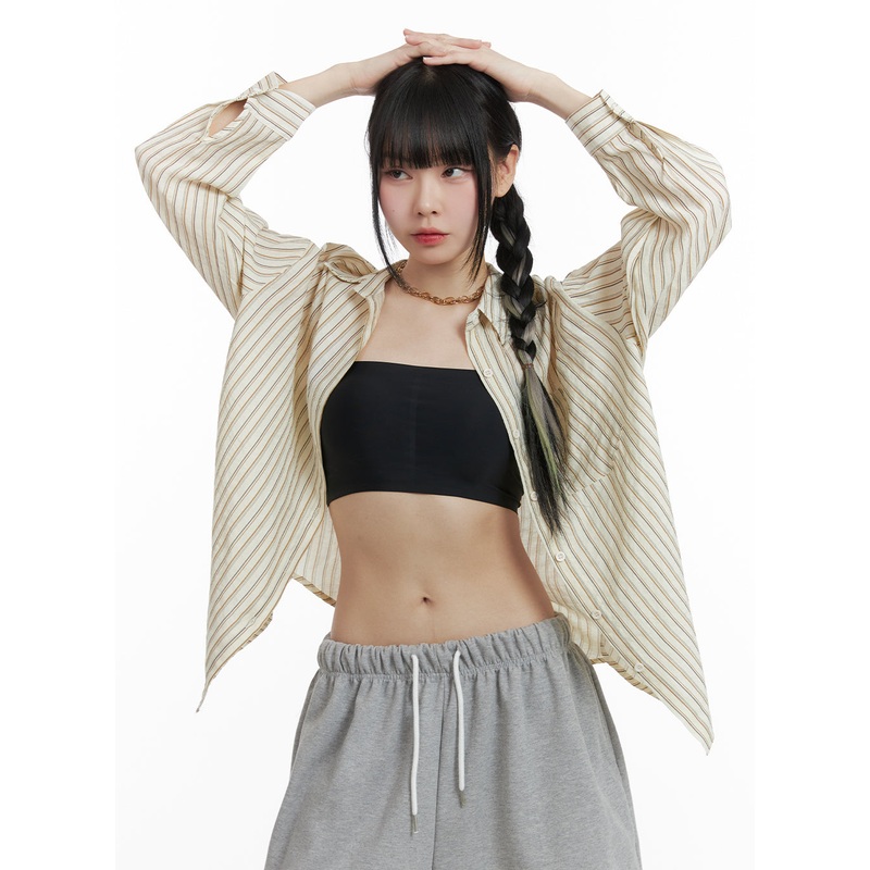 Cotton Stripe Pocketed Button-Up Shirt OM426