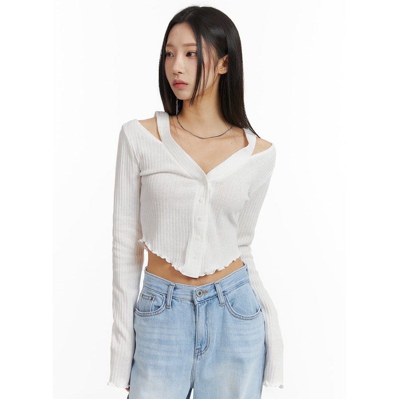 Cut Out Buttoned Long Sleeve Crop Top CJ408