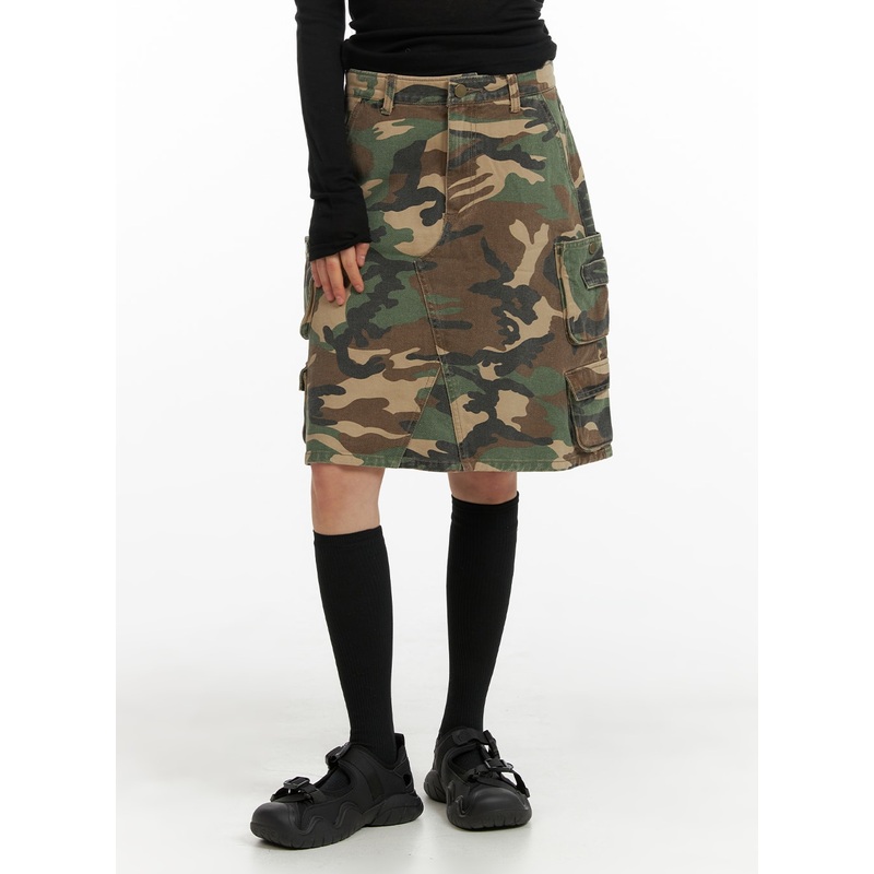 Denim Camo Cargo Midi Skirt CM412