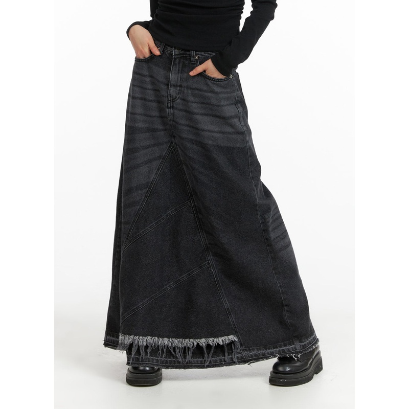 Destroyed Hem Maxi Denim Skirt CM413