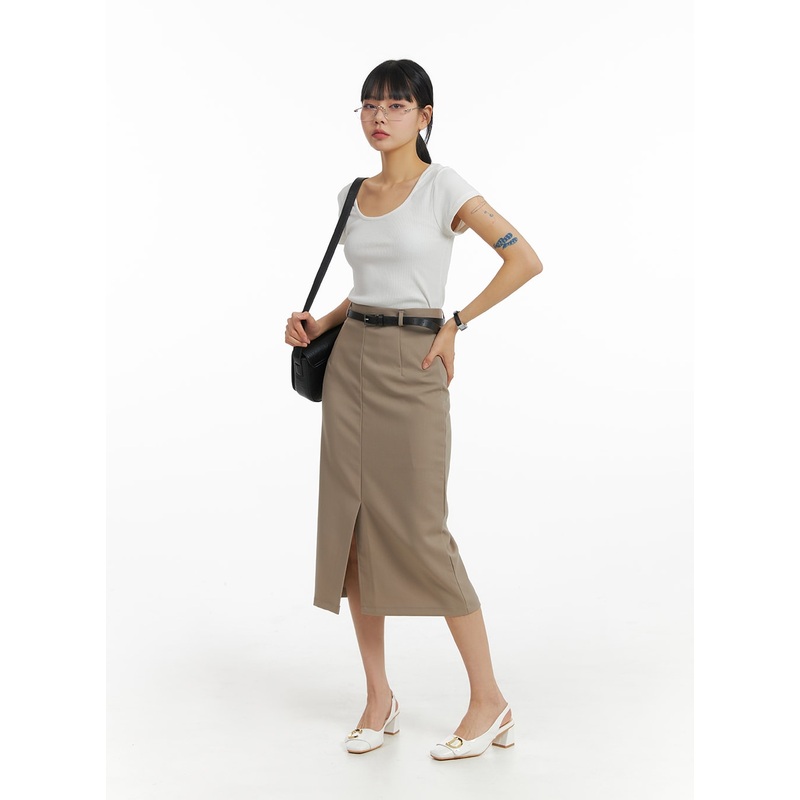 Front Split Maxi Skirt IM414|Beige|Light beige|Dark gray|Black|S|M