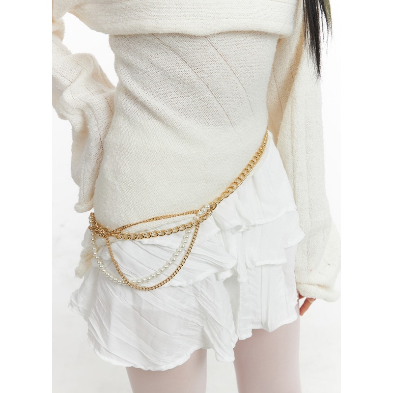 Pearl Chain Belt OM426|Dark yellow|Light gray|One Size