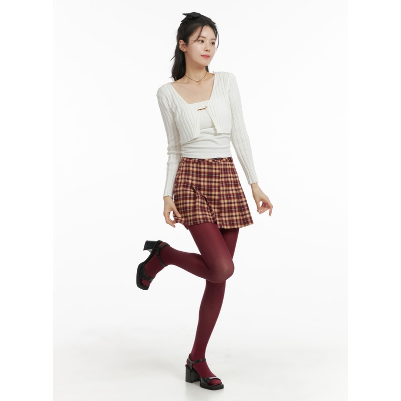 Plaid Mini Skirt OM421|Dark red|Green|Brown|S|M