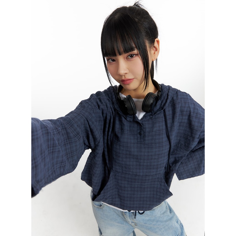 Plaid Pocket Hoodie CM407|Dark blue|Dark gray|Black|S/M