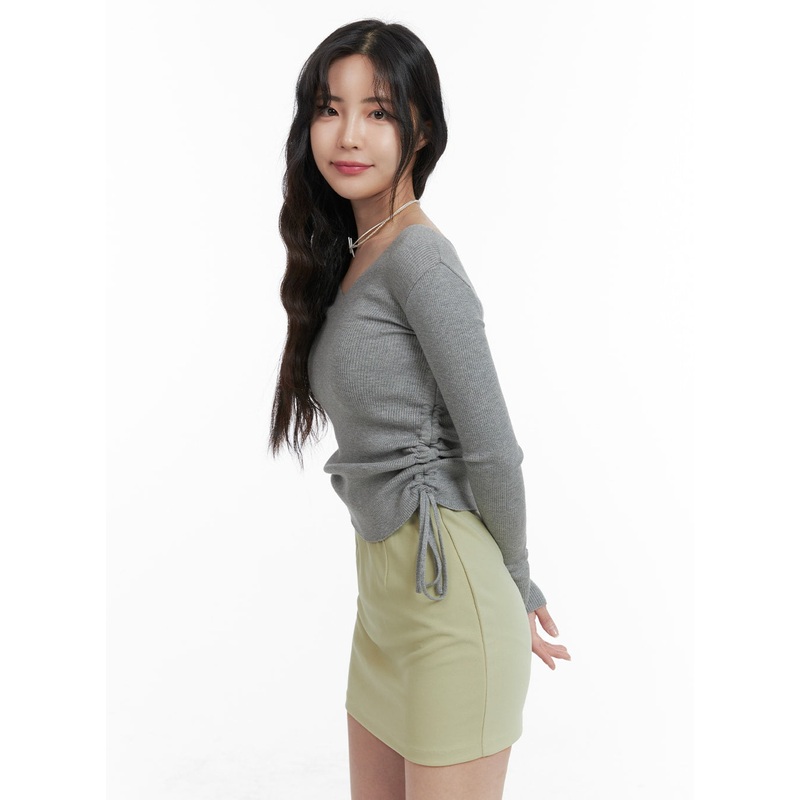 Shirred Slim Fit Top OM422|Gray|Black|Light beige|S/M