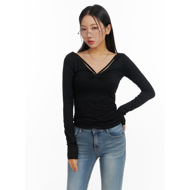 Slim Fit Shirred V-Neck Long Sleeve CM411