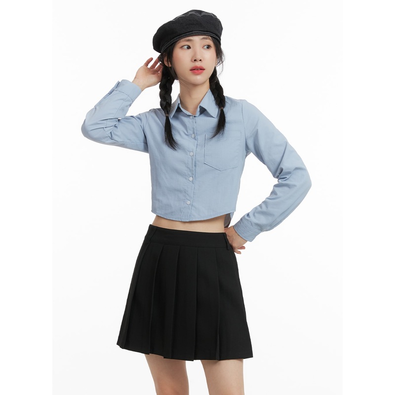 Solid Collar Button-Up Crop Top OM408