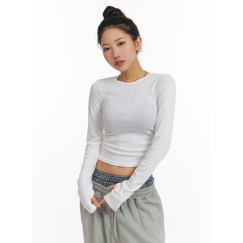 Solid Long Sleeve Crop Top CM408