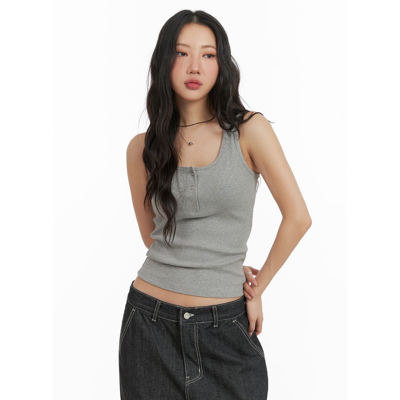 Solid Rib Button-Up Tank Crop Top CM425