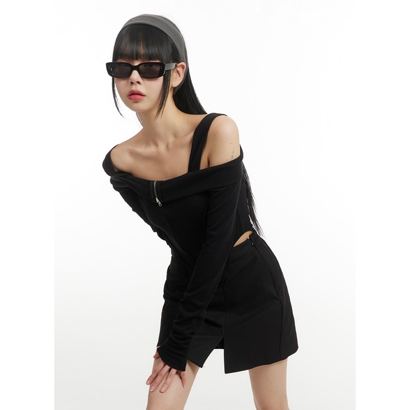 Solid Zipper Detail Off Shoulder Long Sleeve IM406