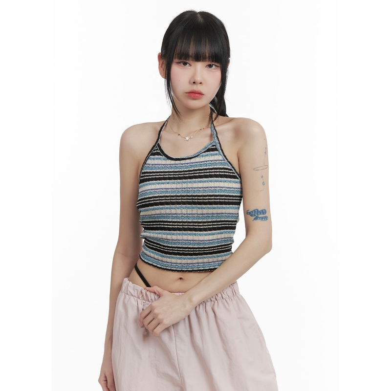 Striped Halter Top OM426|Blue|Beige|S/M