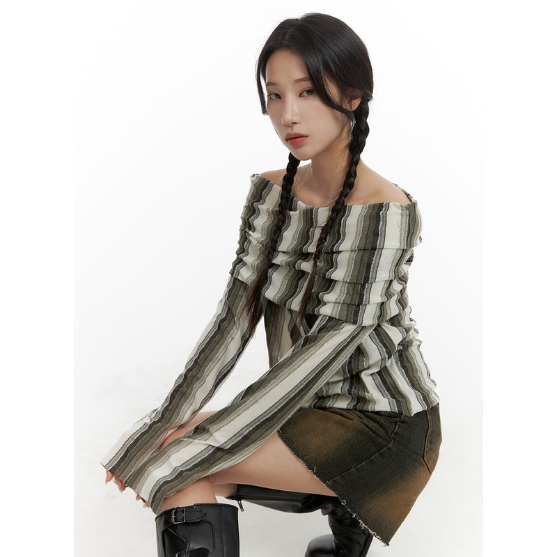 Striped Off Shoulder Long Sleeve CM427