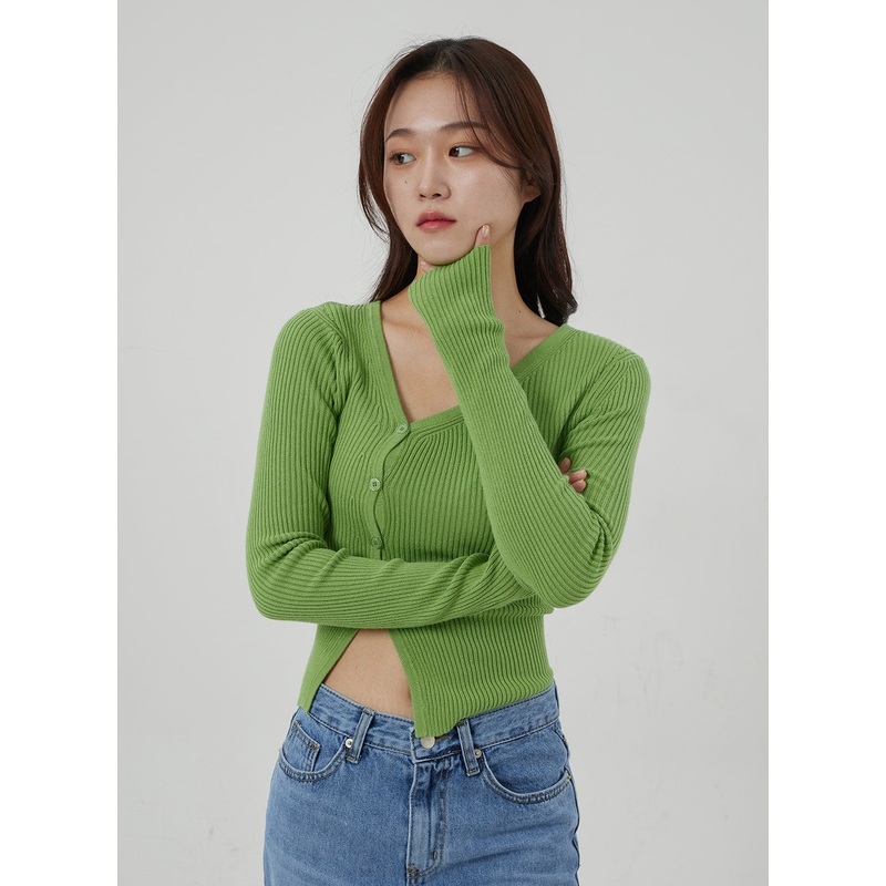 Unbalanced Ribbed Knit Button Cropped Top OJ319