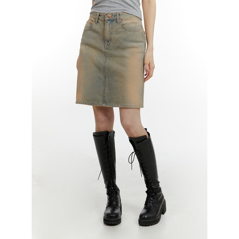 Vintage Washed Denim Midi Skirt CM429