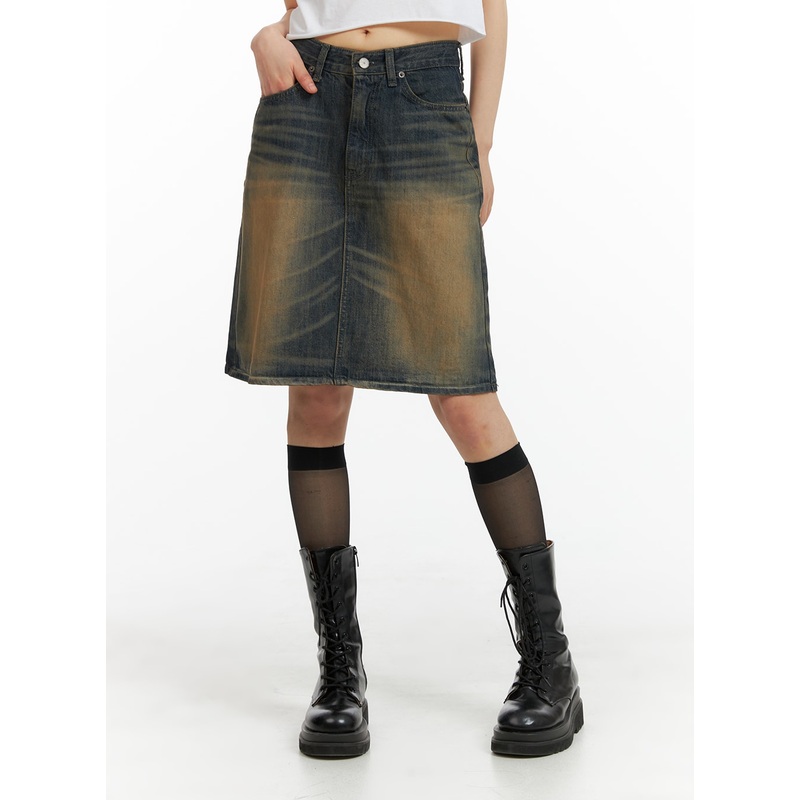 Vintage Washed Midi Denim Skirt CM413