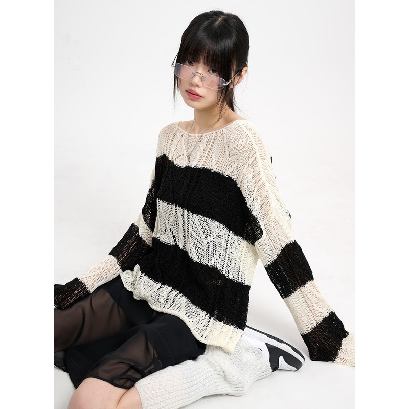 Wool Blend Hollow Out Striped Knit Sweater CM415