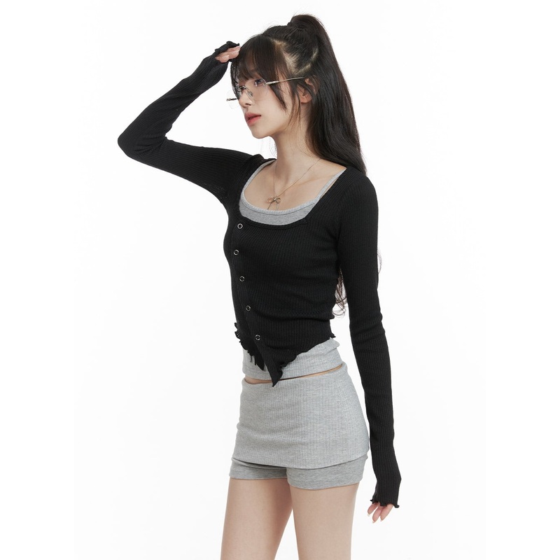 Asymmetrical Neck Solid Button Long Sleeve Top CA402