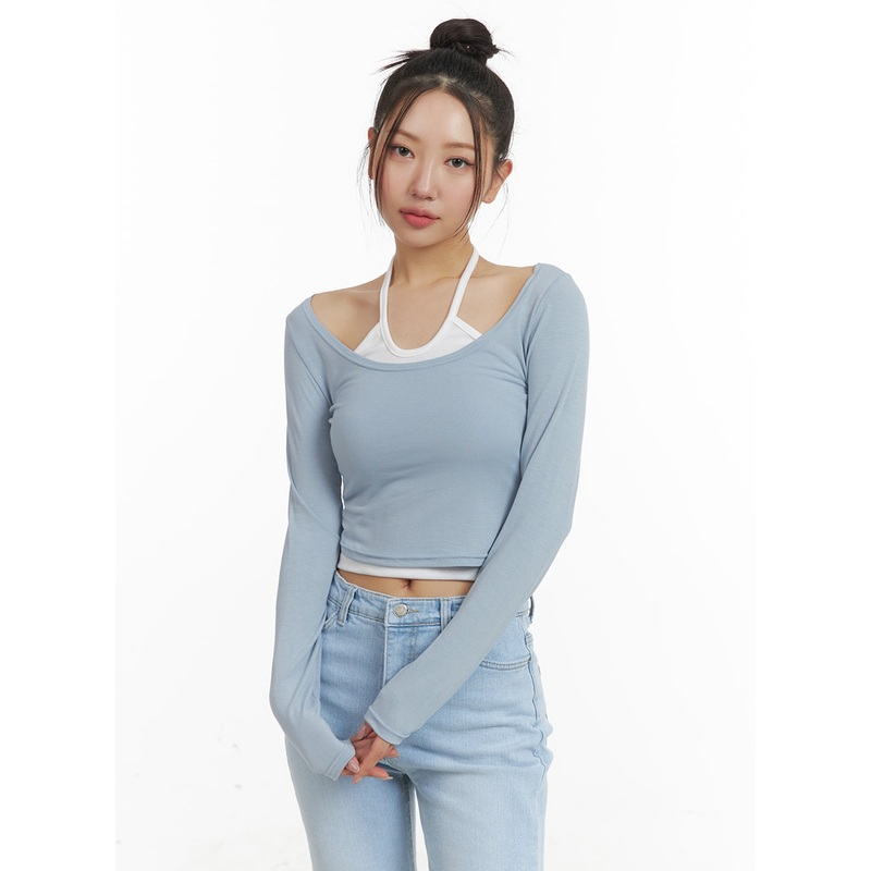 Cold Shoulder Halter Long Sleeve Top OA402