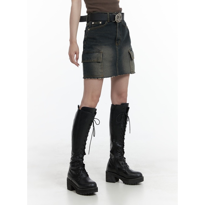 Destroyed Hem Cargo Denim Mini Skirt CA402