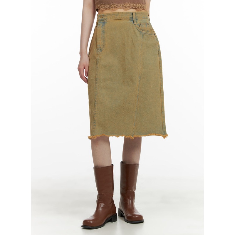 Destroyed Hem Midi Denim Skirt CA412