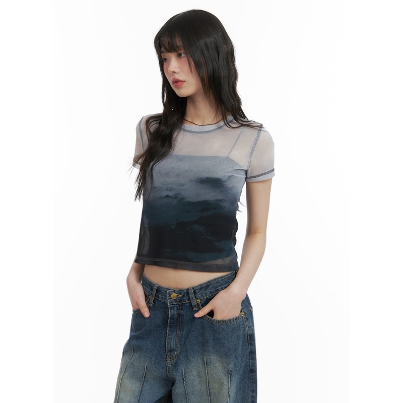 Mesh Graphic Cropped Tee CA412