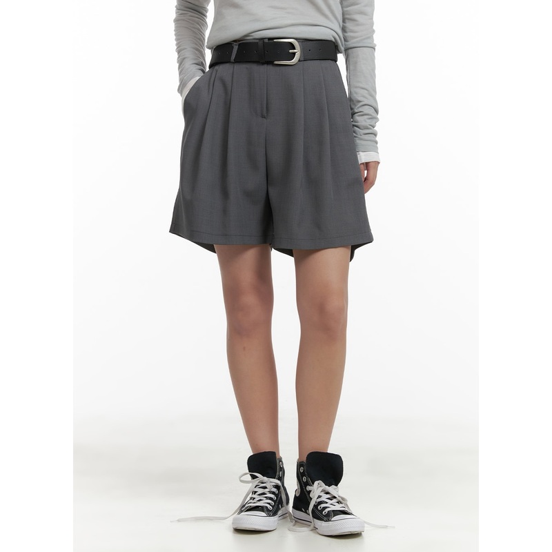 Pintuck Tailored Shorts CA409|Dark gray|Black|Beige|S/M