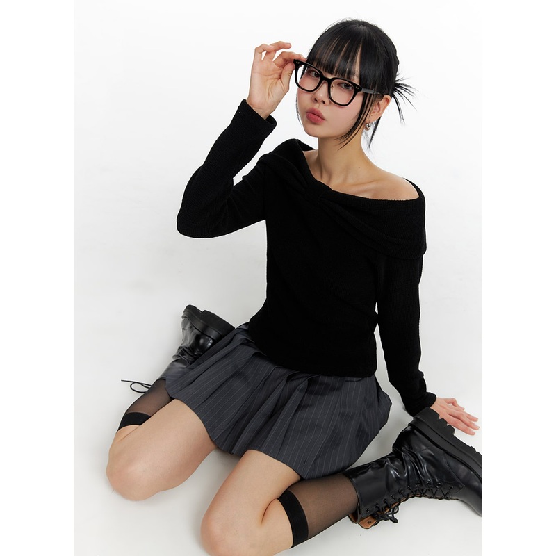 Ribbon Off-Shoulder Top IF402|Black|Light beige|Pink|S/M