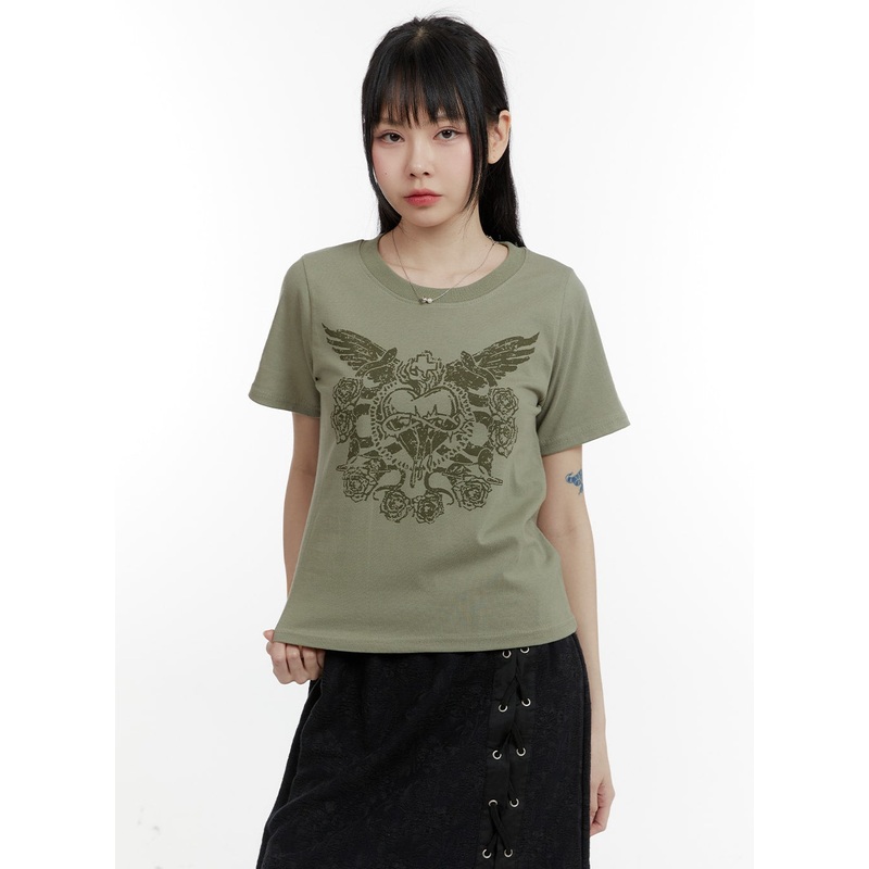Round Neck Graphic Tee CA401|Dark green|White|Dark gray|S/M