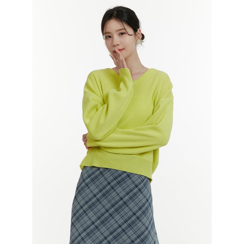 Solid V-Neck Sweater OA405|Light green|White|Black|S/M