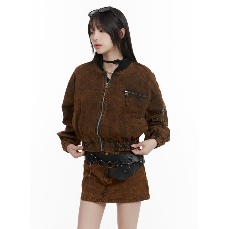 Stand Collar Solid Denim Jacket CA402