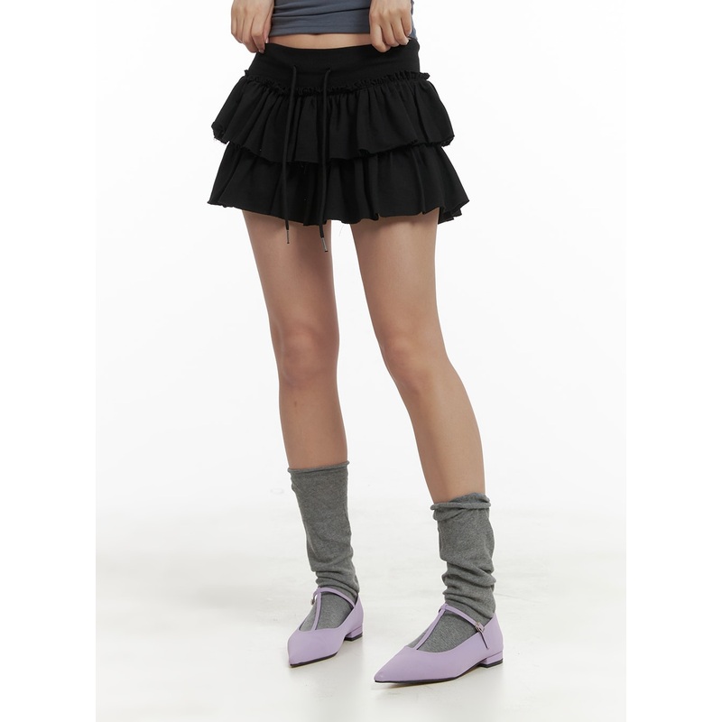 String Frill Mini Skort CA409|Black|Dark gray|Gray|White|S/M