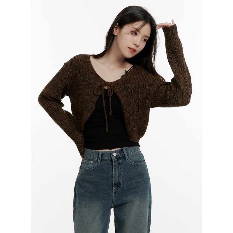 Tie Knit Crop Cardigan OA405|Brown|Dark gray|Dark green|S/M