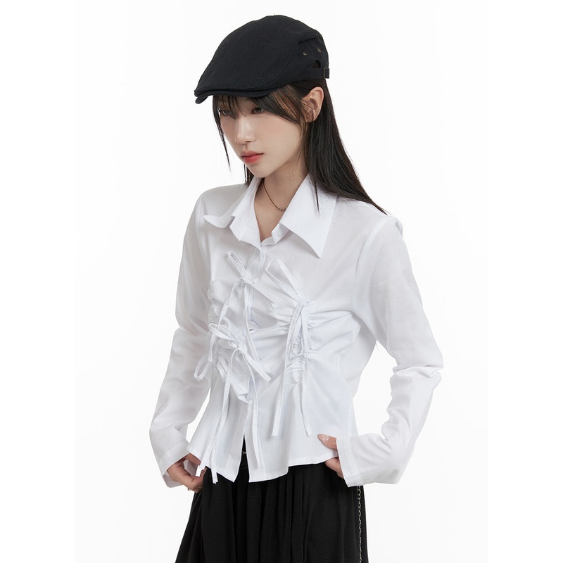 Tie Shirred Crop Shirt CA404|Light beige|Black|S/M